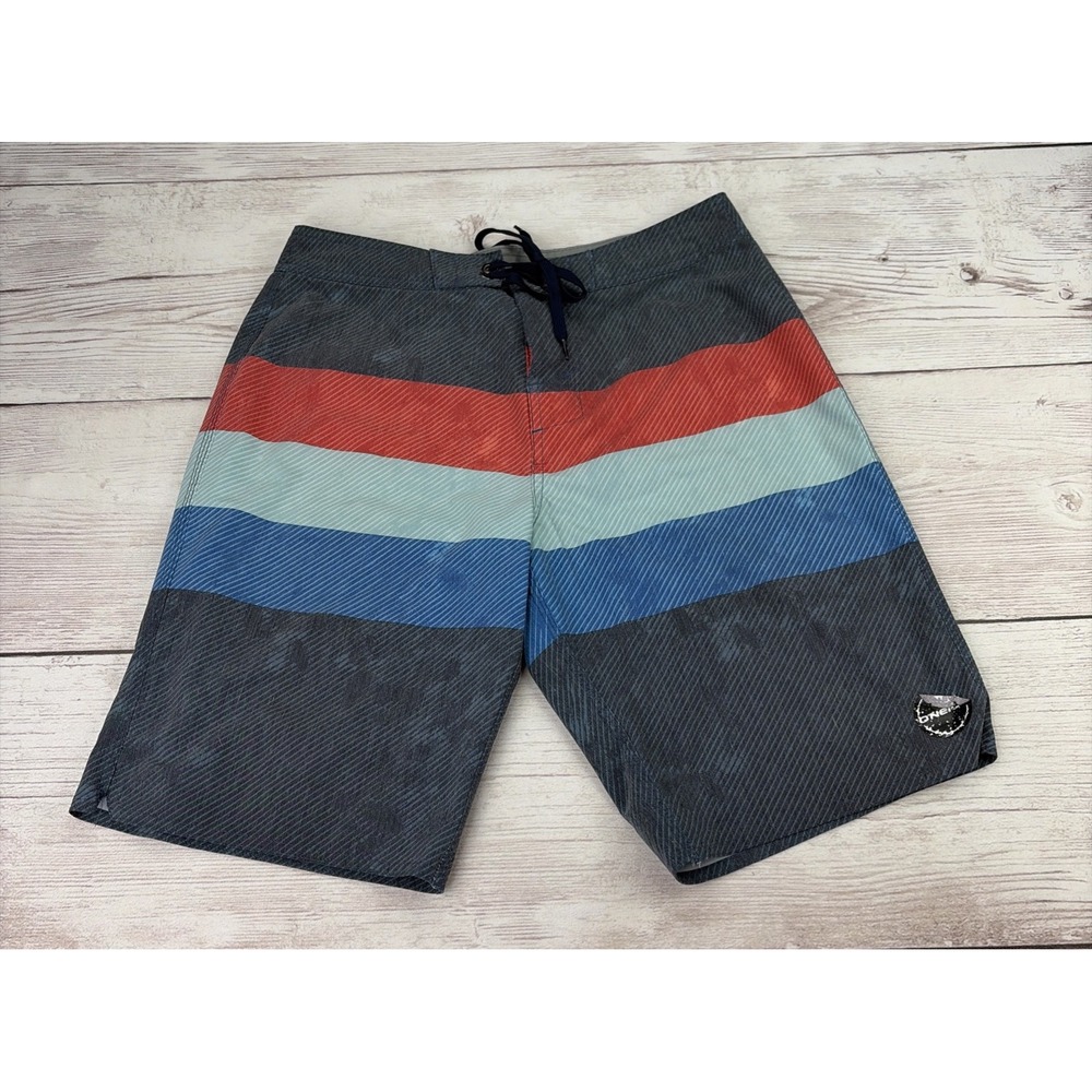 O'neill Men's 30 Swim Trunks Board Shorts Stretch Blue Red Gray Stripes
